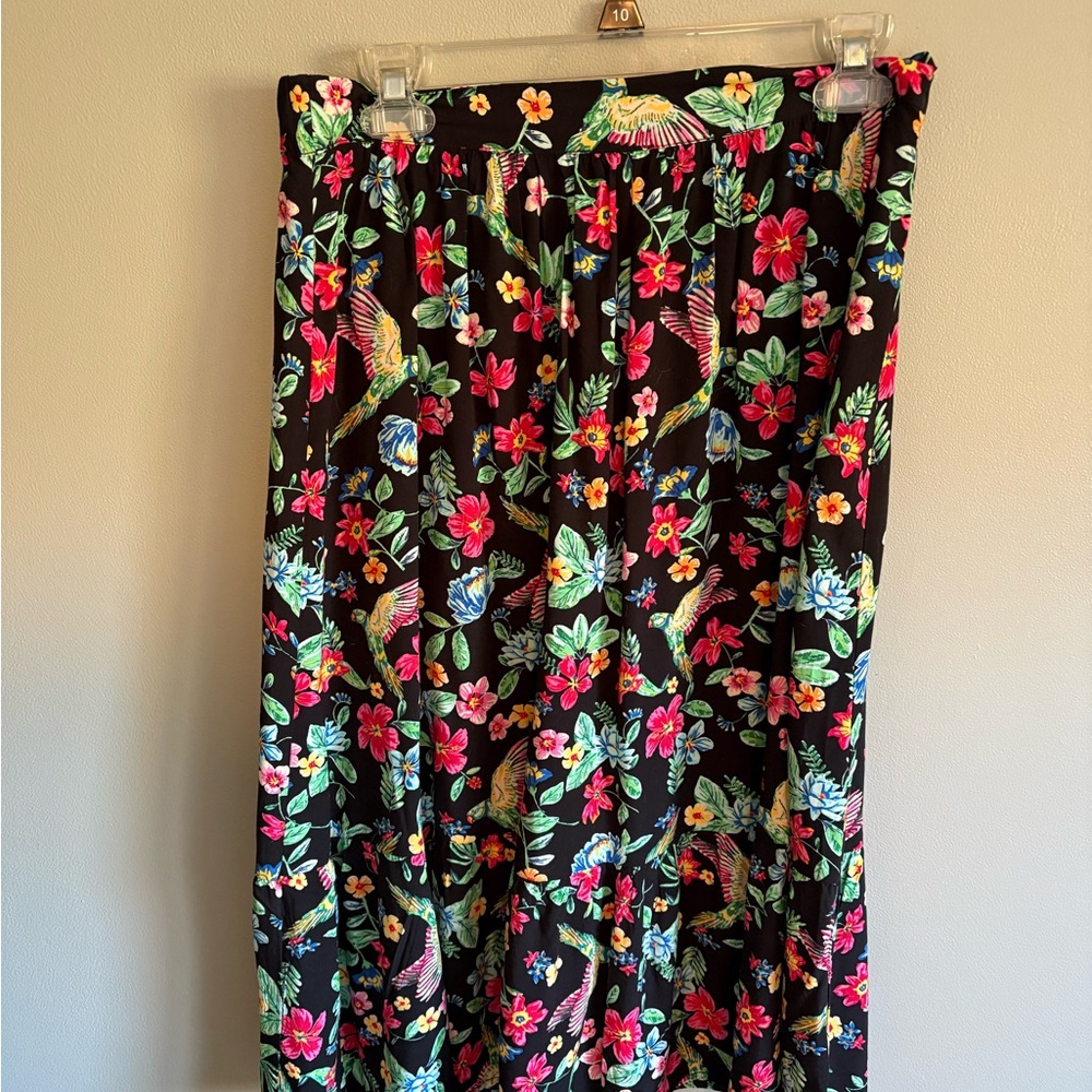 Old Navy Black Maxi Skirt with Tropical Floral & Bird Print